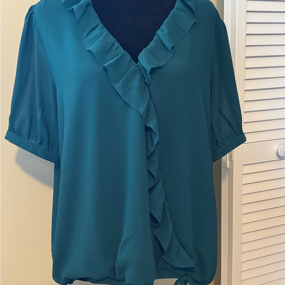 Naked Zebra Blue Cascade Ruffle Wrap Blouse